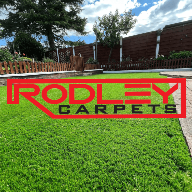 Immaculate garden lawn with Rodley Carpets signage, symbolizing top-quality artificial grass available in Leeds.
